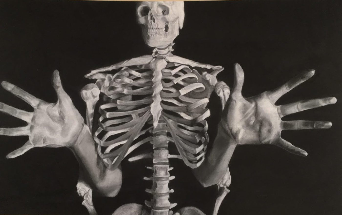 Jazz Hands; white chalk and charcoal drawing of skeleton with Jazz Hands by ABSGELLER
