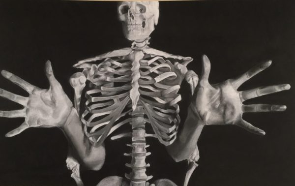 Jazz Hands; white chalk and charcoal drawing of skeleton with Jazz Hands by ABSGELLER